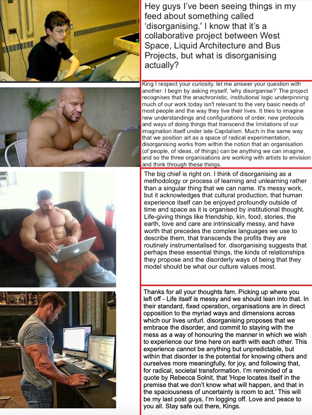 a meme for disorganising featuring a young boy sitting at a computer and three muscley men sitting at their laptops.